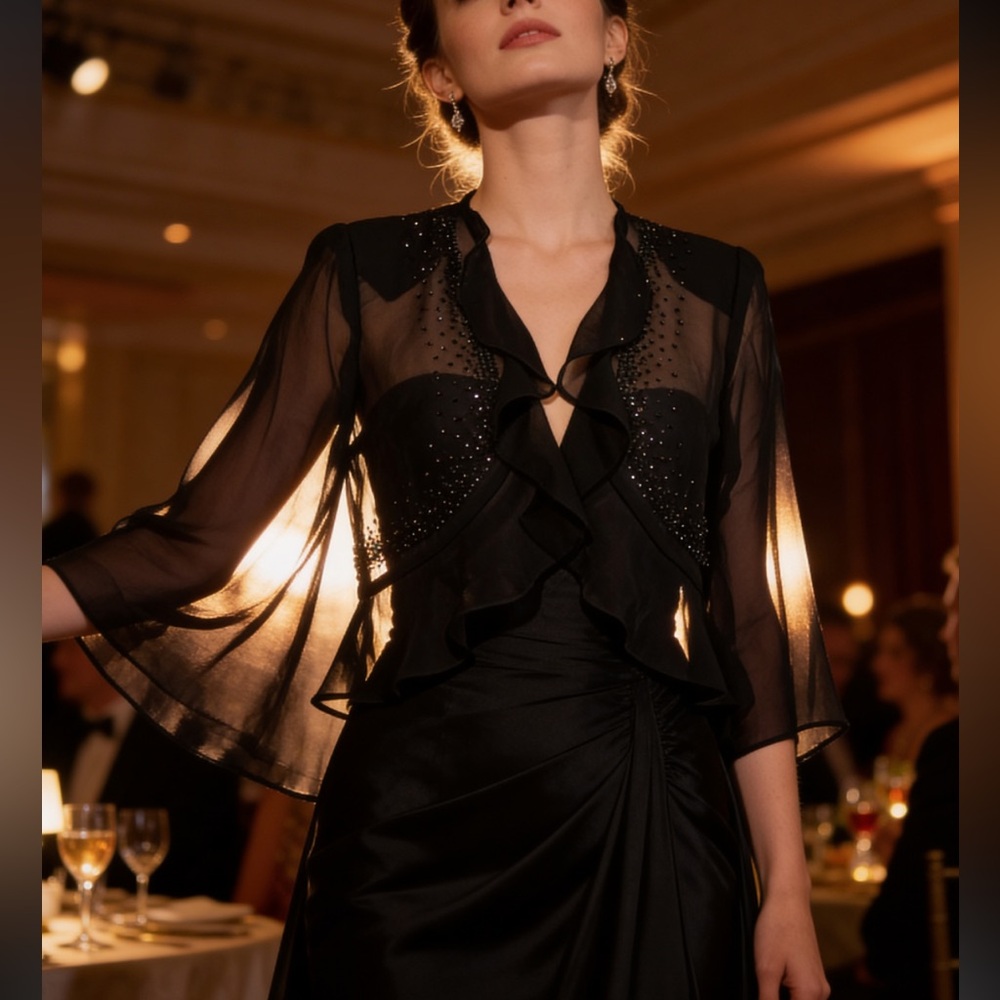 Elegant Black Sheer Evening Dress R&M Richards  Size 6 is Medium NWOT